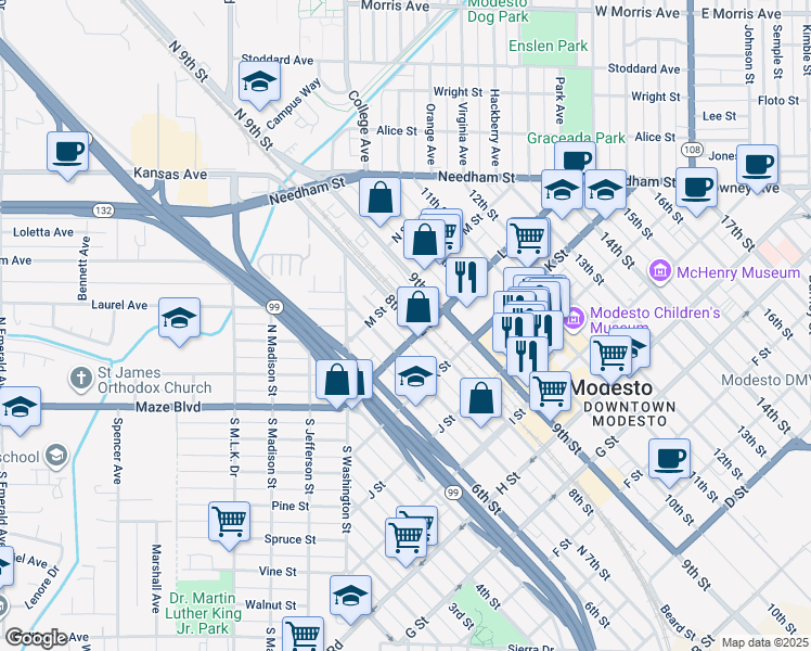 map of restaurants, bars, coffee shops, grocery stores, and more near in Modesto