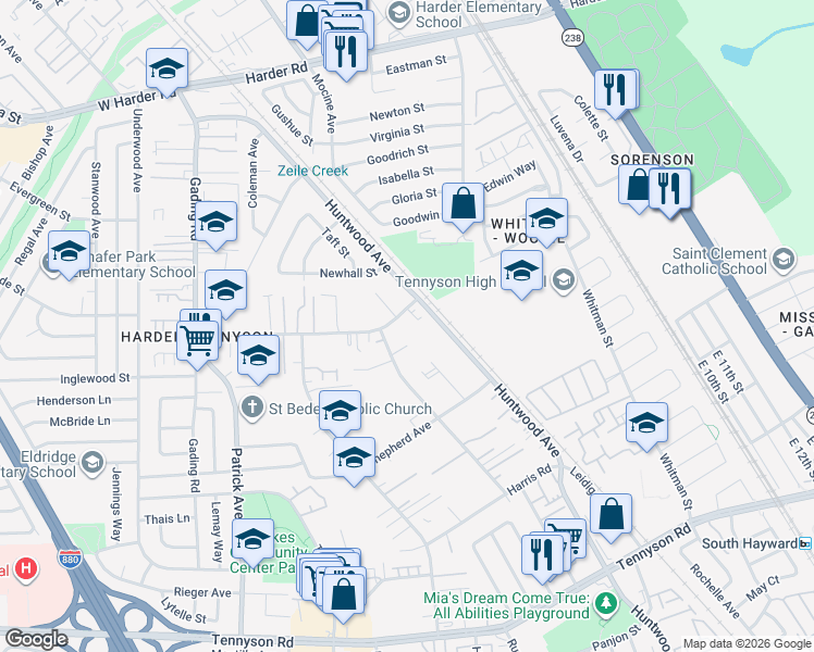map of restaurants, bars, coffee shops, grocery stores, and more near 312 Schafer Road in Hayward
