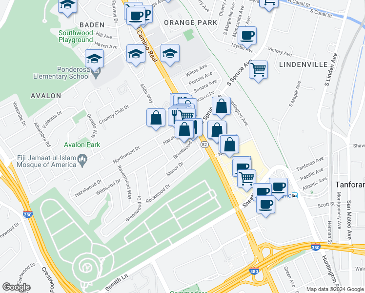 map of restaurants, bars, coffee shops, grocery stores, and more near 106 Manor Drive in South San Francisco