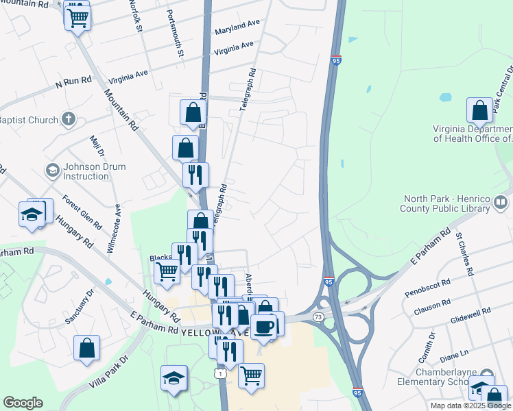map of restaurants, bars, coffee shops, grocery stores, and more near 1000 Columbus Avenue in Glen Allen