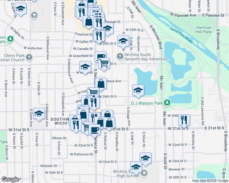 map of restaurants, bars, coffee shops, grocery stores, and more near 2948 South Walnut Street in Wichita