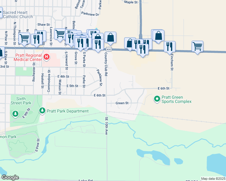 map of restaurants, bars, coffee shops, grocery stores, and more near 1500 East 6th Street in Pratt