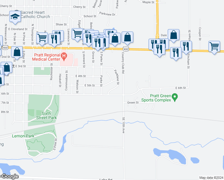 map of restaurants, bars, coffee shops, grocery stores, and more near 1418 East 6th Street in Pratt