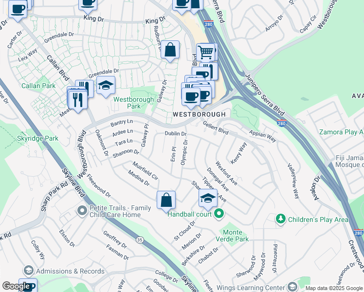 map of restaurants, bars, coffee shops, grocery stores, and more near 2360 Olympic Drive in South San Francisco