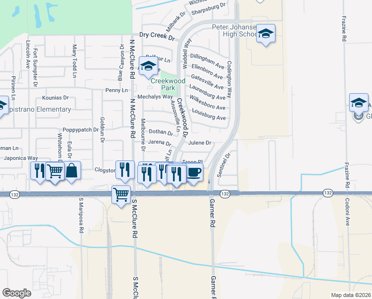 map of restaurants, bars, coffee shops, grocery stores, and more near 3709 Jarena Drive in Modesto