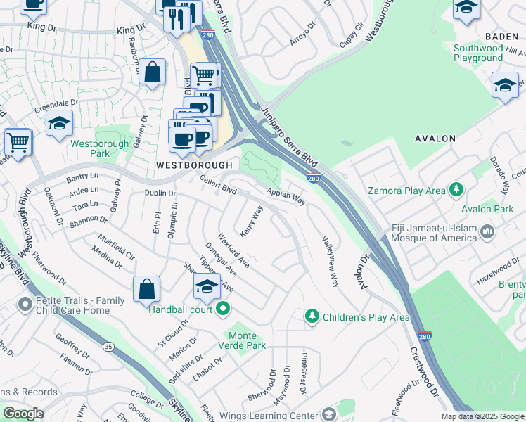 map of restaurants, bars, coffee shops, grocery stores, and more near 2270 Kenry Way in South San Francisco