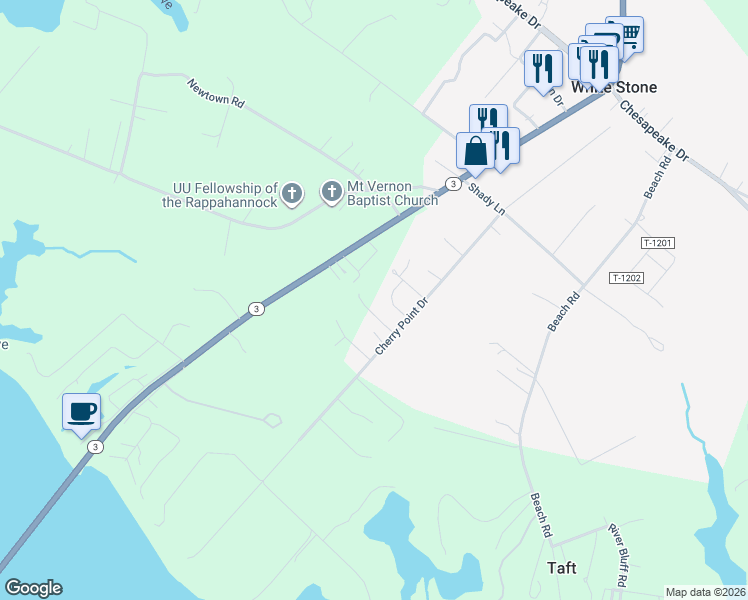 map of restaurants, bars, coffee shops, grocery stores, and more near 100 Myway Lane in White Stone