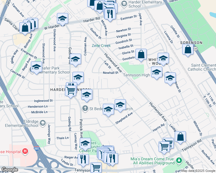 map of restaurants, bars, coffee shops, grocery stores, and more near Orchard Park Place in Hayward