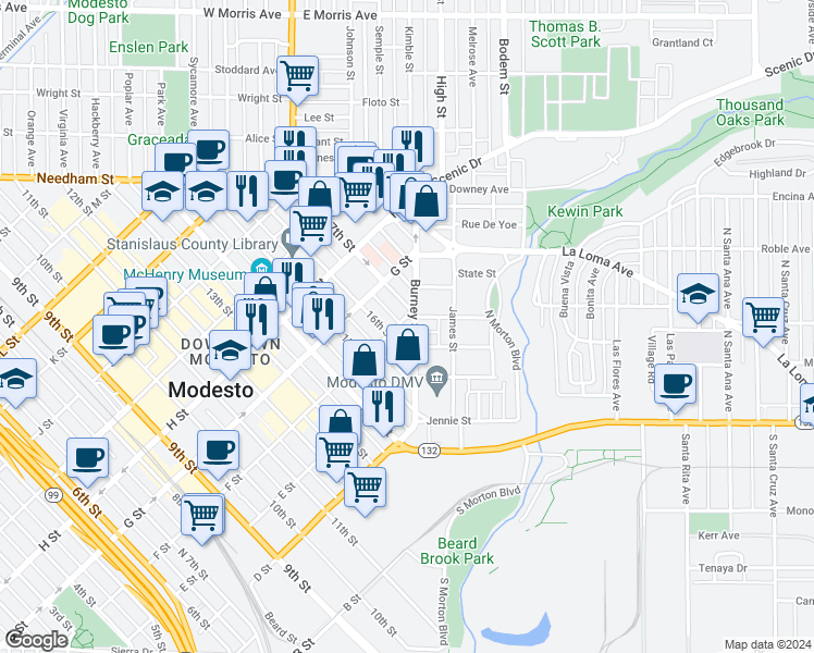 map of restaurants, bars, coffee shops, grocery stores, and more near 1620 F Street in Modesto