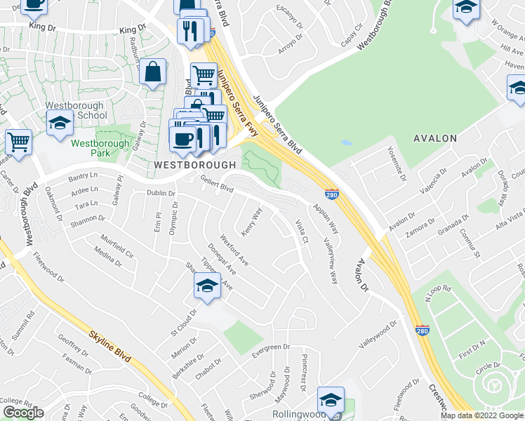 map of restaurants, bars, coffee shops, grocery stores, and more near 2270 Kenry Way in South San Francisco