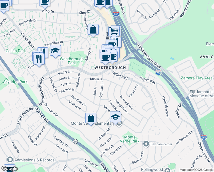 map of restaurants, bars, coffee shops, grocery stores, and more near 2381 Olympic Drive in South San Francisco