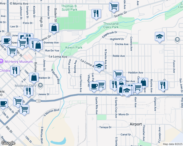 map of restaurants, bars, coffee shops, grocery stores, and more near 225 Las Palmas Avenue in Modesto