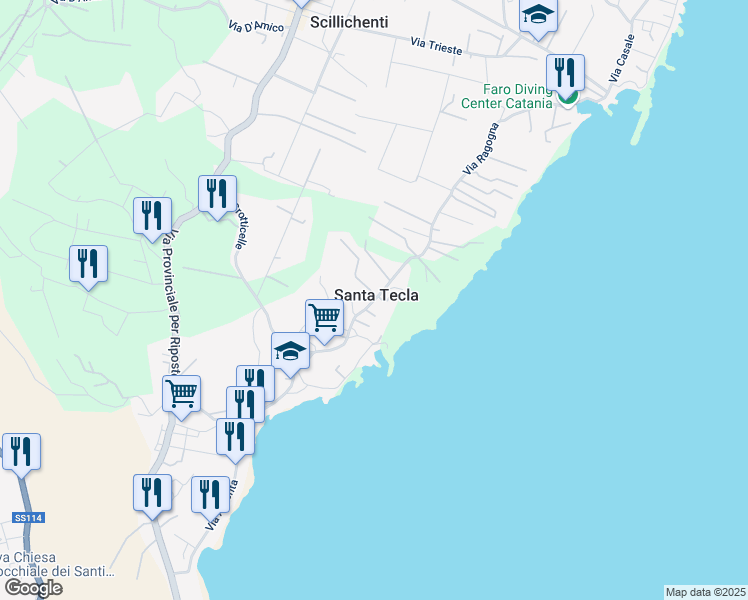 map of restaurants, bars, coffee shops, grocery stores, and more near 313 Via Canale Torto in Acireale