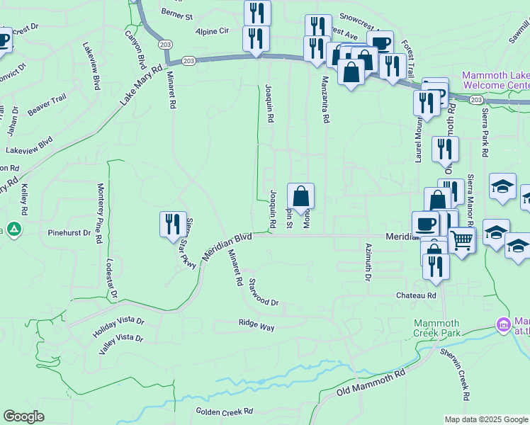 map of restaurants, bars, coffee shops, grocery stores, and more near 474 Joaquin Road in Mammoth Lakes