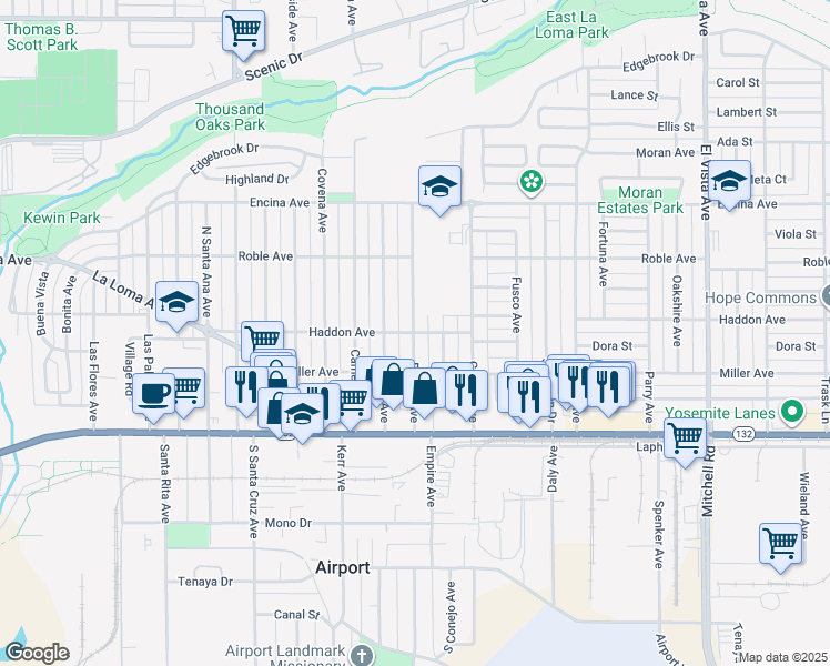 map of restaurants, bars, coffee shops, grocery stores, and more near 298 Rosina Avenue in Modesto