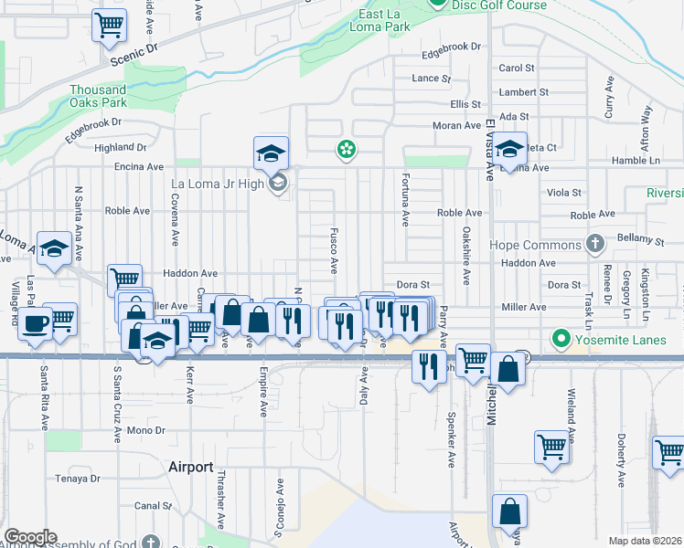 map of restaurants, bars, coffee shops, grocery stores, and more near 228 Fusco Avenue in Modesto