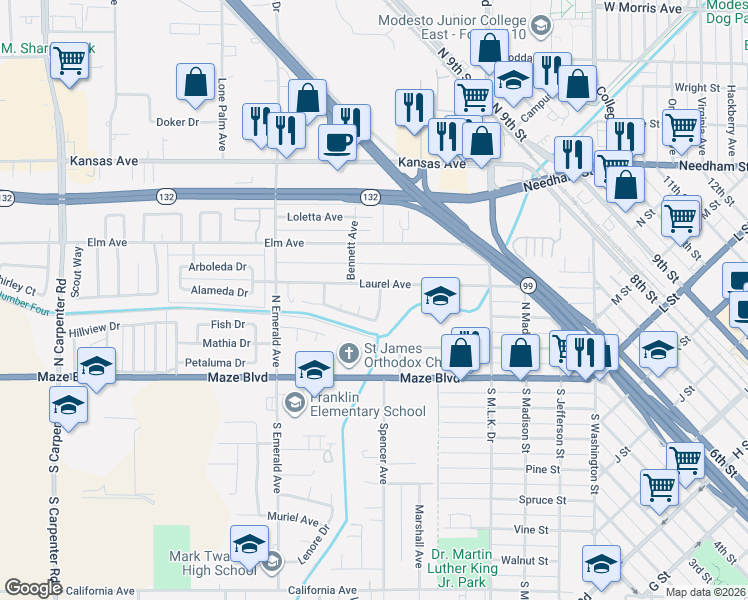 map of restaurants, bars, coffee shops, grocery stores, and more near 309 Luinda Way in Modesto