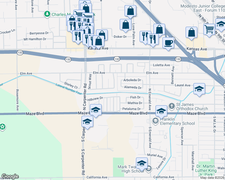 map of restaurants, bars, coffee shops, grocery stores, and more near 1204 Moccasin Drive in Modesto