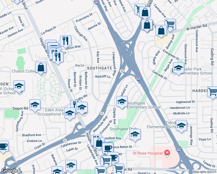 map of restaurants, bars, coffee shops, grocery stores, and more near 1256 Stanhope Lane in Hayward