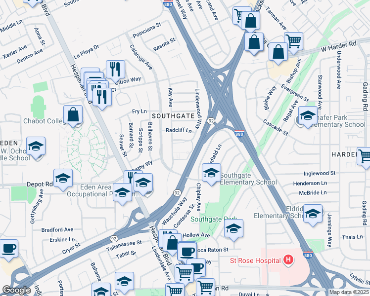 map of restaurants, bars, coffee shops, grocery stores, and more near 1256 Stanhope Lane in Hayward