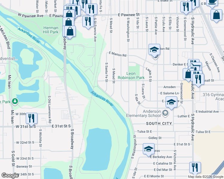 map of restaurants, bars, coffee shops, grocery stores, and more near 2852 Greenway Boulevard in Wichita