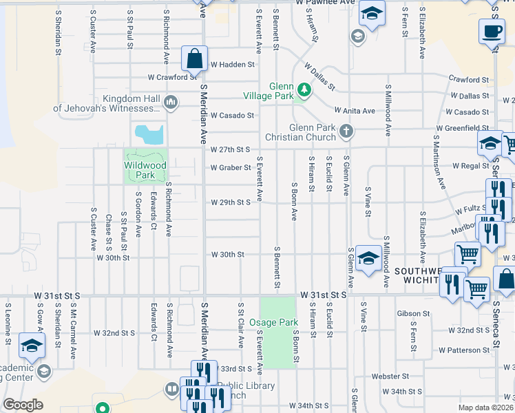 map of restaurants, bars, coffee shops, grocery stores, and more near 2216 West Sunnybrook Street in Wichita
