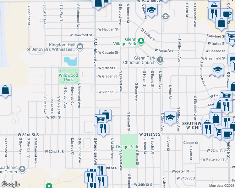 map of restaurants, bars, coffee shops, grocery stores, and more near 2216 West Sunnybrook Street in Wichita