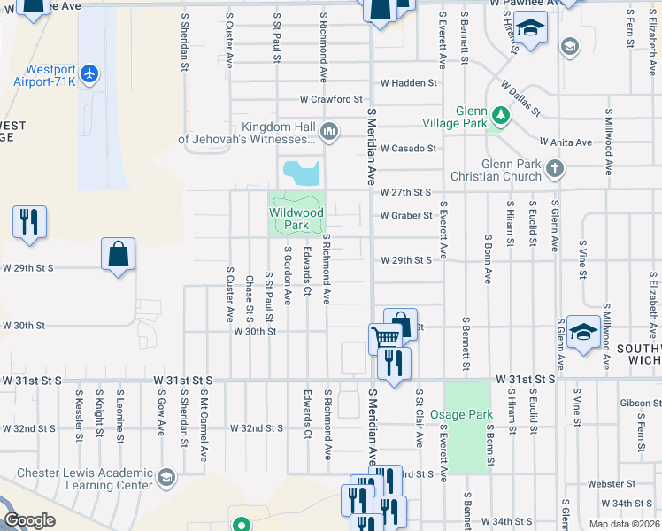 map of restaurants, bars, coffee shops, grocery stores, and more near 2538 W Sunnybrook St in Wichita