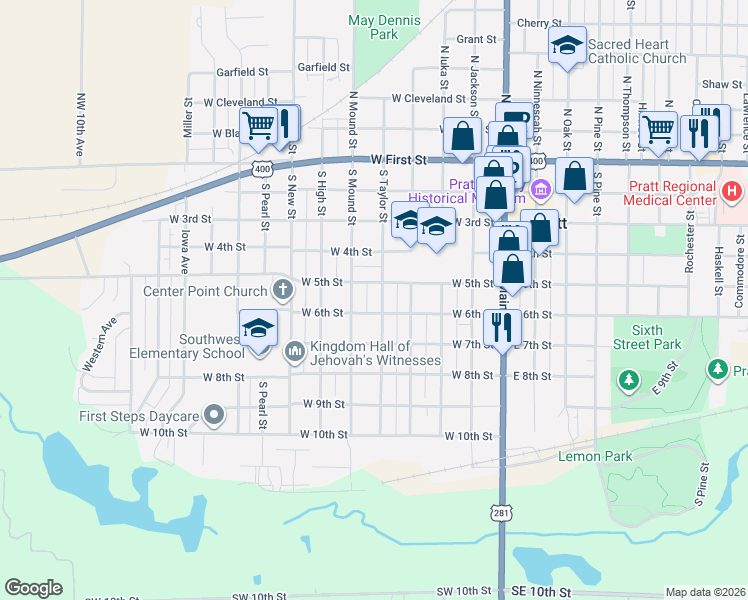 map of restaurants, bars, coffee shops, grocery stores, and more near 500-598 West 6th Street in Pratt