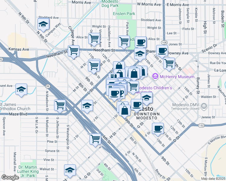 map of restaurants, bars, coffee shops, grocery stores, and more near 950 10th Street in Modesto