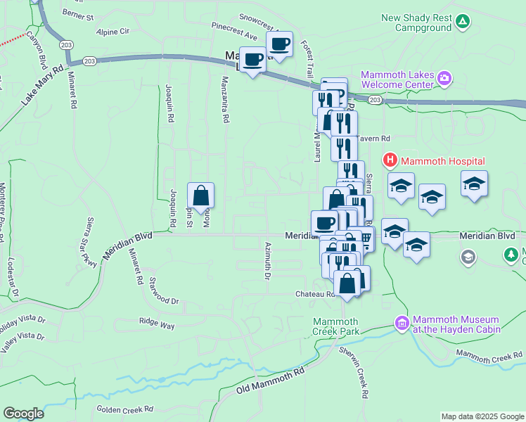 map of restaurants, bars, coffee shops, grocery stores, and more near 6 Azimuth Drive in Mammoth Lakes