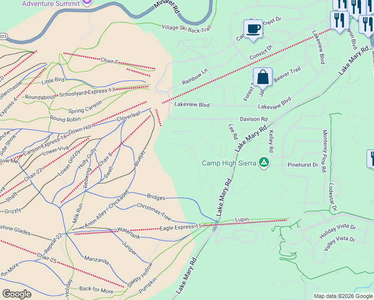 map of restaurants, bars, coffee shops, grocery stores, and more near 671 John Muir Road in Mammoth Lakes