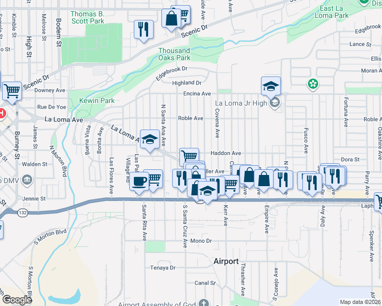 map of restaurants, bars, coffee shops, grocery stores, and more near North Santa Cruz Avenue in Modesto