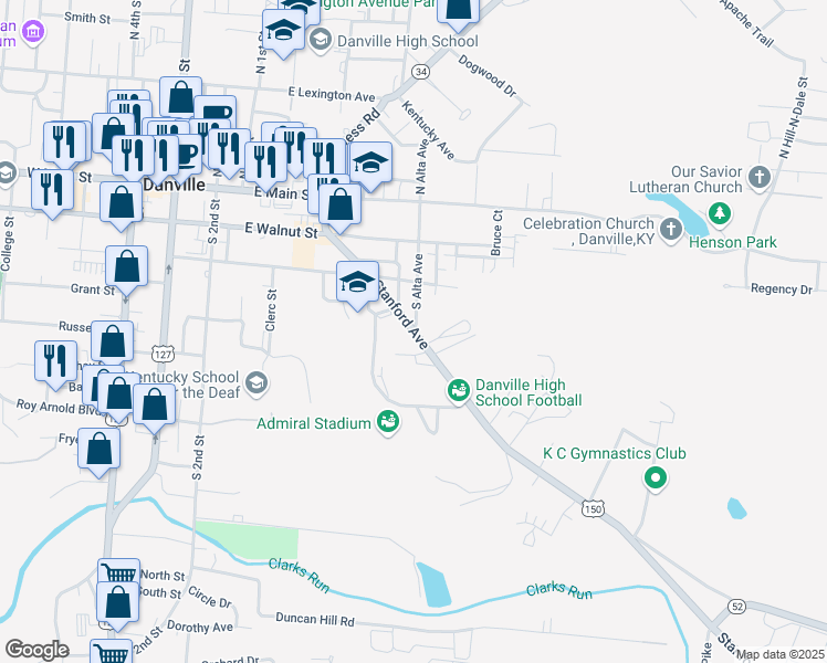map of restaurants, bars, coffee shops, grocery stores, and more near Stanford Ave & S Alta Ave in Danville