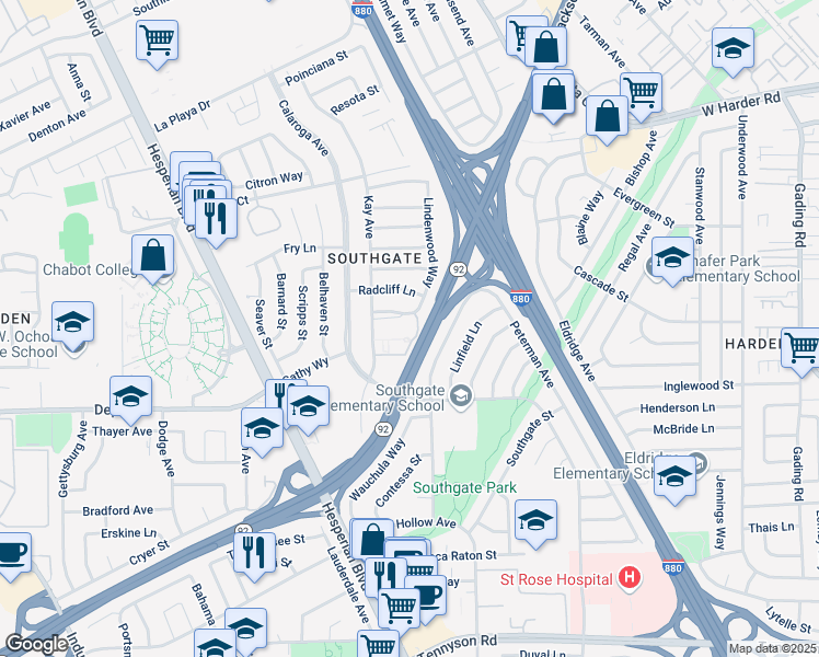 map of restaurants, bars, coffee shops, grocery stores, and more near 1256 Stanhope Lane in Hayward