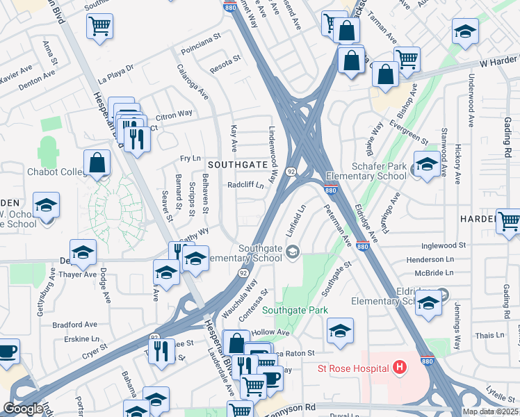 map of restaurants, bars, coffee shops, grocery stores, and more near 1234 Stanhope Lane in Hayward