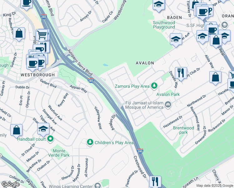 map of restaurants, bars, coffee shops, grocery stores, and more near 465 Valverde Drive in South San Francisco