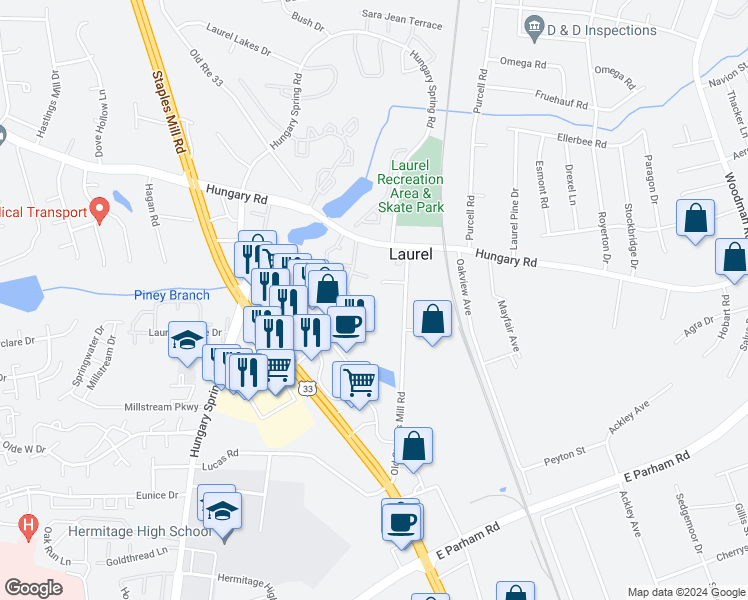 map of restaurants, bars, coffee shops, grocery stores, and more near 9003 Silverbush Drive in Richmond