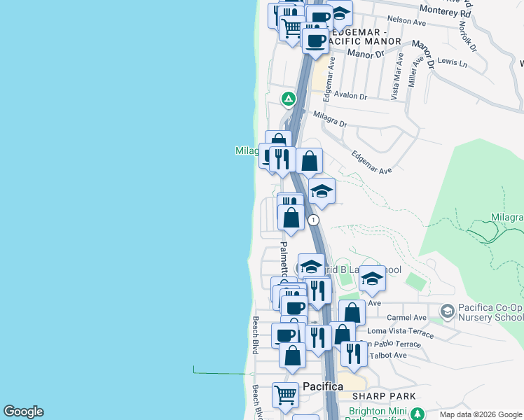 map of restaurants, bars, coffee shops, grocery stores, and more near 400 4th Avenue in Pacifica