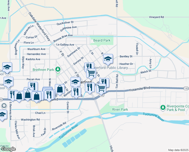map of restaurants, bars, coffee shops, grocery stores, and more near 12716 Bentley Street in Waterford