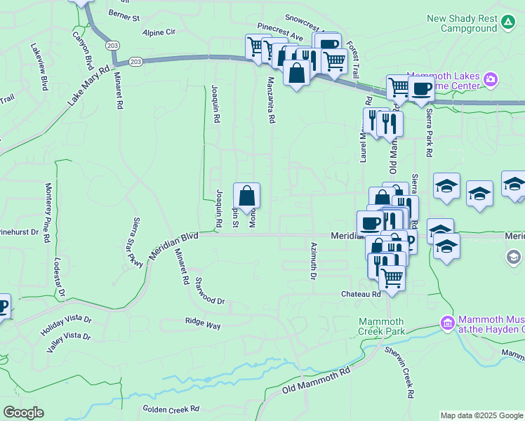 map of restaurants, bars, coffee shops, grocery stores, and more near 484 Manzanita Road in Mammoth Lakes