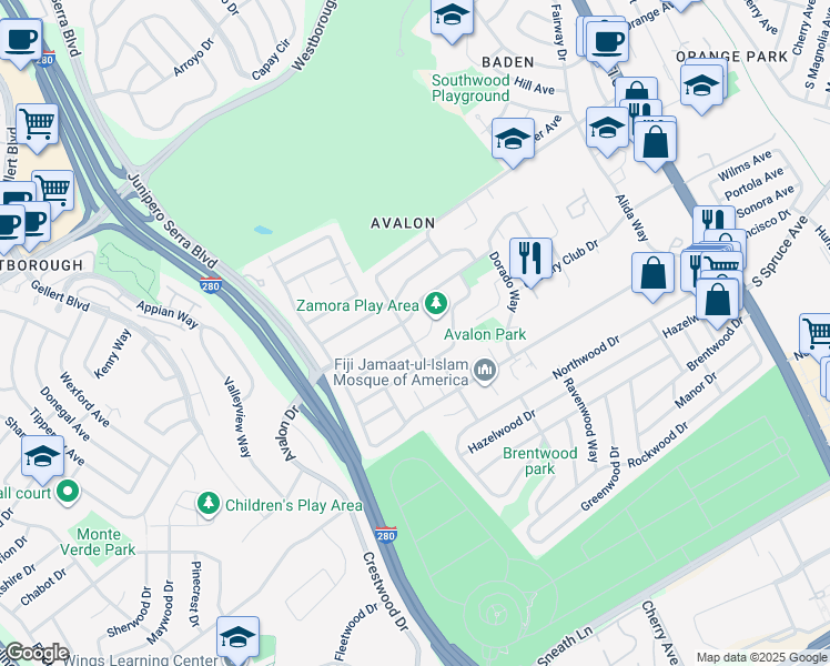 map of restaurants, bars, coffee shops, grocery stores, and more near 412 Alhambra Road in South San Francisco