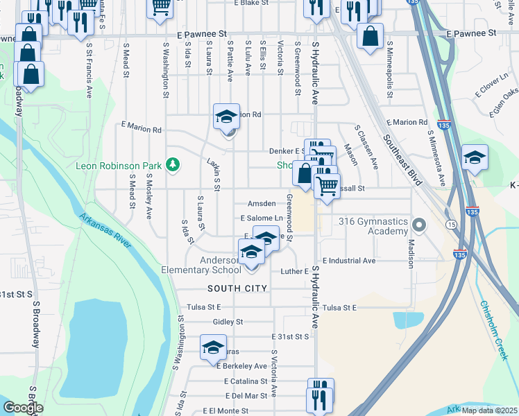 map of restaurants, bars, coffee shops, grocery stores, and more near 1409 Amsden Street in Wichita