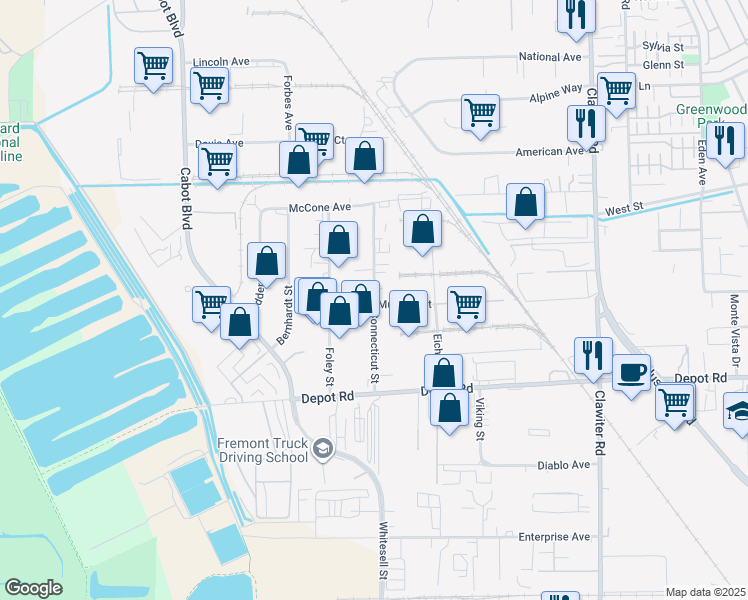 map of restaurants, bars, coffee shops, grocery stores, and more near Connecticut Street in Hayward