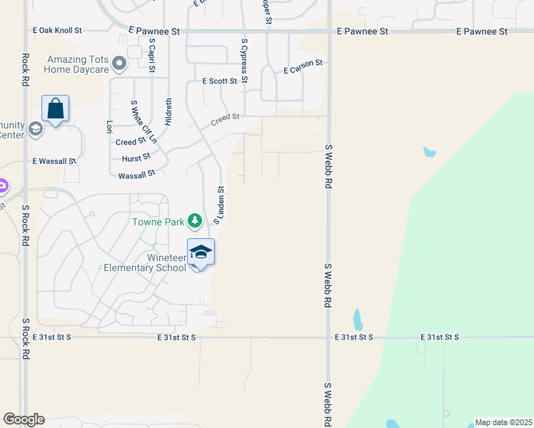 map of restaurants, bars, coffee shops, grocery stores, and more near 2601 South Webb Road in Wichita