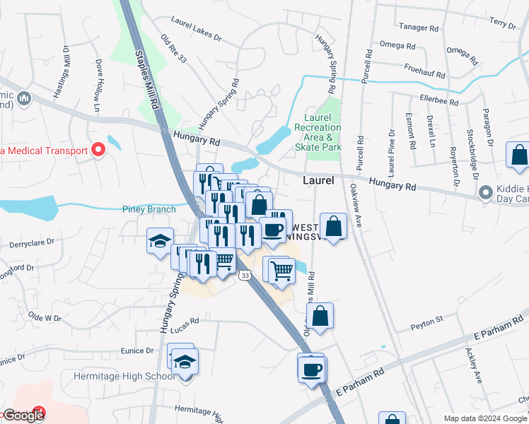 map of restaurants, bars, coffee shops, grocery stores, and more near 9114 Silverbush Dr in Richmond