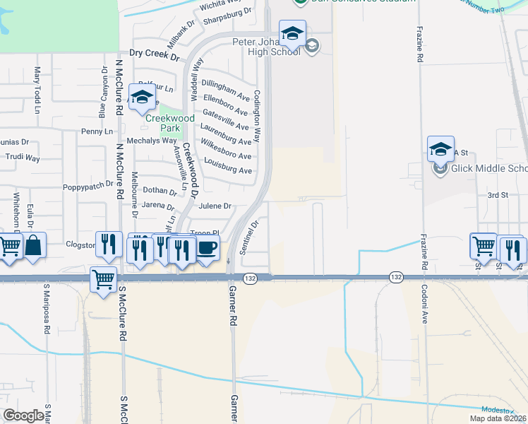 map of restaurants, bars, coffee shops, grocery stores, and more near 241 Yosemite Meadows Drive in Modesto