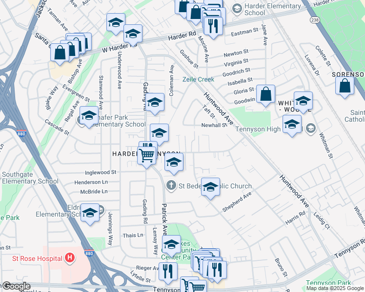 map of restaurants, bars, coffee shops, grocery stores, and more near 713 Schafer Road in Hayward