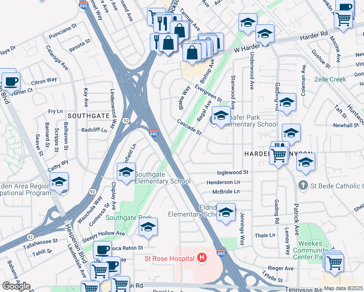 map of restaurants, bars, coffee shops, grocery stores, and more near 26358 Regal Avenue in Hayward