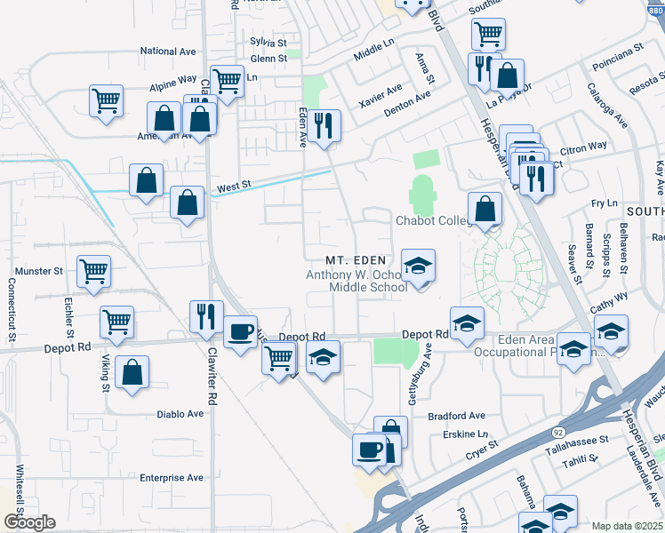 map of restaurants, bars, coffee shops, grocery stores, and more near in Hayward